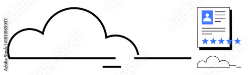 Cloud element connecting to user profile showing star ratings and personal details. Ideal for data management, cloud computing, identity verification, cybersecurity, online reputation, user reviews