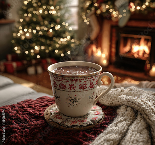 Cozy Hot Chocolate Mug by Fireplace at Christmas