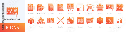 Design Thinking icon collection set. Containing Pros And Cons, Time Management, Documentation, Checking, Presentation icon. Simple line vector