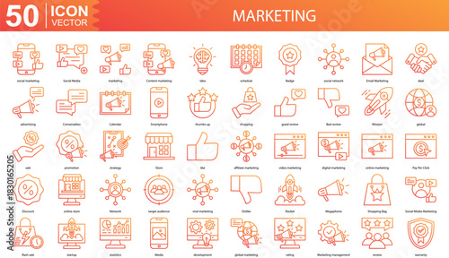 Marketing icon collection set. Containing social marketing, Social Media, marketing, Content marketing, Idea icon. Simple line vector