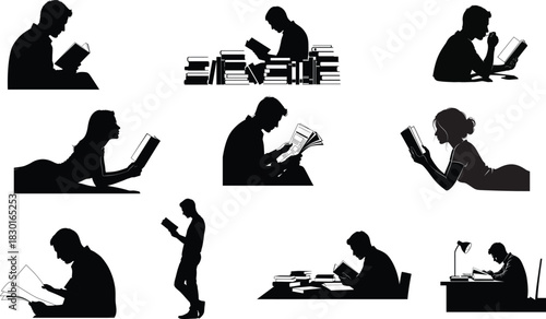 Silhouette collection of people reading books and using laptops