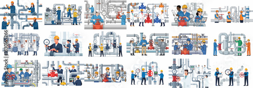 Diverse industrial teams inspecting, maintaining, and controlling complex piping systems, valves, and pressure gauges in a processing facility.