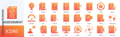 assessment icon collection set. Containing quality, evaluation, strategy, management, process, Mission icon. Simple line vector