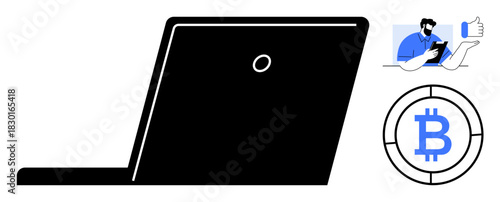 Silhouette of a laptop, Bitcoin emblem, and user with a tablet, showcasing online transactions, blockchain, cryptocurrency, virtual business, digital finance e-commerce and remote work. Simple flat
