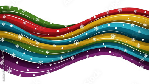 Festive winter illustration of colorful flowing waves decorated with snow and snowflakes.