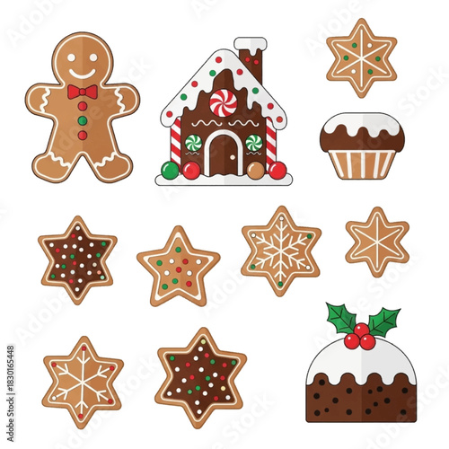 Festive gingerbread cookies, house, cupcake, and Christmas pudding vector illustration
