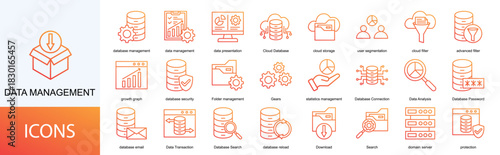 data management icon collection set. Containing database management, data presentation, Cloud Database, cloud storage, user segmentation icon. Simple line vector