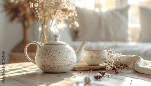 Teapot and decor details on the table in the living room in a hygge style. Home comfort concept.