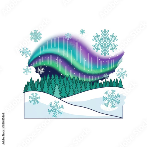 Winter Landscape with Aurora Borealis and Snowflakes Illustration