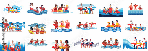 Professional Lifeguard Teams and Water Safety Personnel Collection: Diverse characters ready for rescue and surveillance duties in stylized waves.