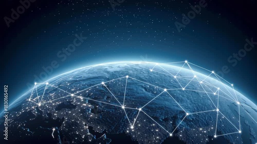Global network connection digital communication data exchange Earth via satellite link night sky technology internet connectivity cyber map glow light star orbit space network polygon line grid world
