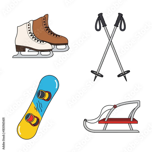 Colorful cartoon winter sports equipment set: ice skates, ski poles, snowboard, and sled