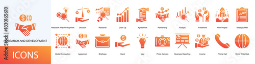 research and development icon collection set. Containing Decision, Research, Grow Up, Agreement, Partnership icon.