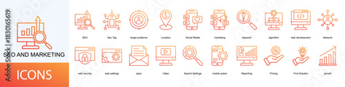 seo and marketing icon collection set. Containing SEO, Seo Tag, target audience, Social Media, marketing icon.