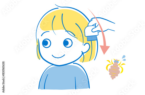 アタマジラミ除去のため櫛で髪をとかす子供のイラスト