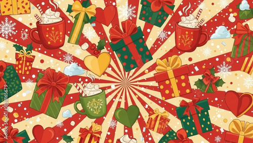 Vibrant Christmas Holiday Pattern with Gifts, Hot Chocolate Mugs, and Festive Elements