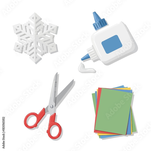 Craft Supplies: Scissors, Glue, Paper, and Snowflake
