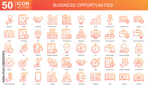 Business Opportunities icon collection set. Containing opportunity, Strategy, partnership, Customer Growth, Profit icon.