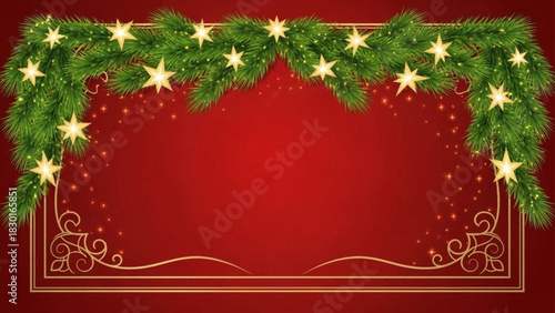 Elegant Christmas holiday frame with pine garland and sparkling stars