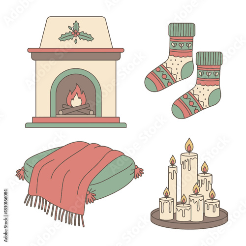 Festive Winter Comforts: Fireplace, Knitted Socks, Blanket, Candles