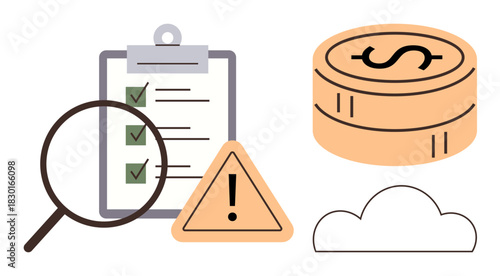 Magnifying glass over checklist with checkmarks, warning symbol, stacked coins, and cloud icon. Ideal for finance, auditing, risk management, compliance, data strategy cloud security business