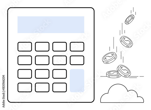 Calculator alongside falling coins illustrating finance, budgeting, accounting, savings, investment, economy, wealth management. Ideal for finance planning cost calculation and saving. Simple flat