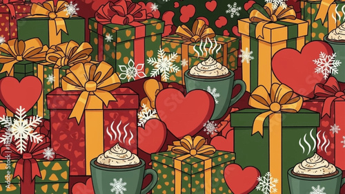 Festive Christmas Gifts, Hearts, and Hot Chocolate Illustration