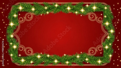 A festive Christmas garland frame with green pine boughs, glowing golden star lights, and ornate swirls on a red background.