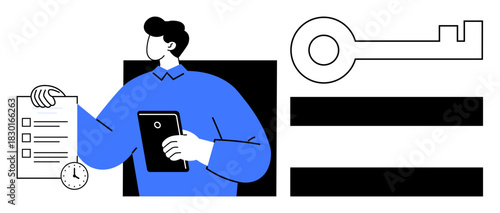 Individual holding checklist and tablet with clock, key, and bars representing task management, organization, productivity. Ideal for planning, goals, deadlines, efficiency problem-solving