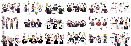 Professional Sommeliers and Wine Experts Vector Collection: Illustrations of Serving, Pouring, Tasting, and Examining Wine, Corks, and Grapes.