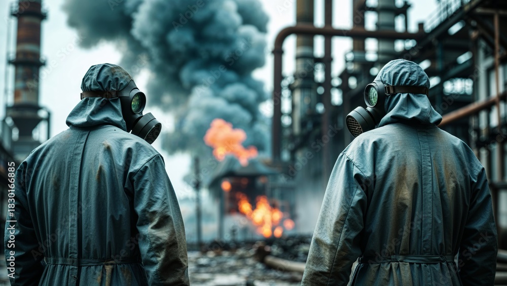 Naklejka premium Hazmat workers survey industrial disaster with fire and smoke in the background