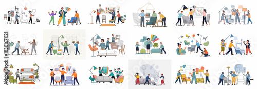 Interior Designers Working on Home Decor Projects, Selecting Furniture, Colors, and Planning Layouts for Modern Living Spaces Illustration Set.