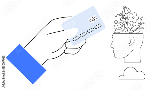 Hand holding a credit card with a profile head blooming flowers, symbolizing balance between financial mindfulness and creativity. Ideal for finance, sustainability, self-care, growth, innovation