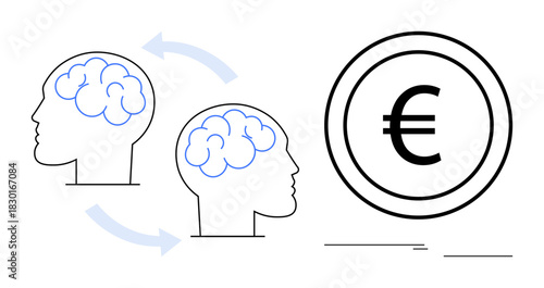 Two heads with connected brains and arrows illustrating knowledge exchange next to a Euro coin. Ideal for education, financial investment, business learning, innovation, idea sharing, teamwork