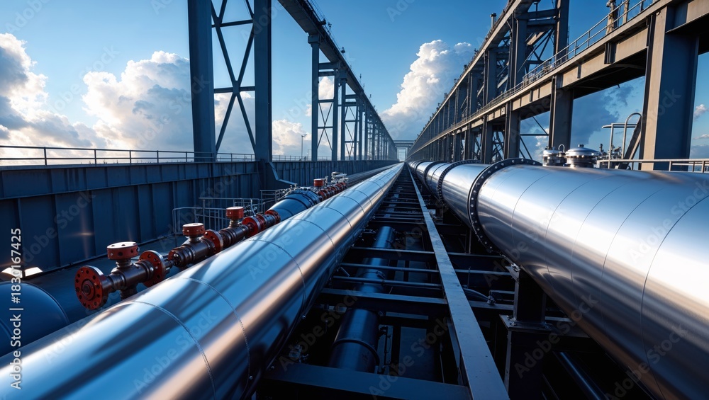 Obraz premium Industrial pipeline infrastructure with valves and support structures against a blue sky