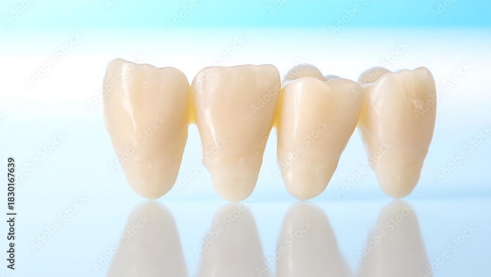 Obraz premium Dental bridge with four teeth on a blue background for dental care