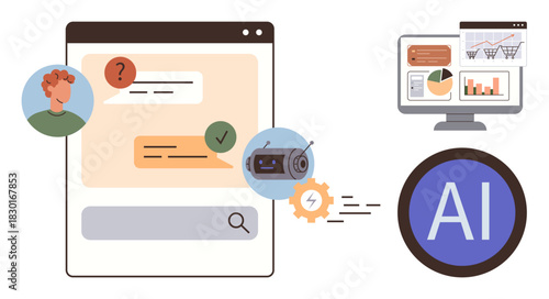 Chat interface processing user queries, chatbots responding, data analytics on screen, AI icon indicating automation. Ideal for AI, communication, technology, data, customer support automation