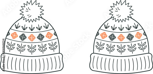 Two identical winter beanies with pom-poms and decorative patterns