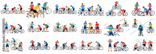 Diverse illustrations of cyclists preparing, adjusting helmets, and performing bicycle maintenance and repair tasks.