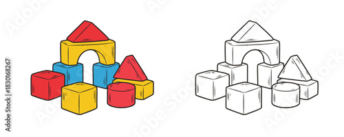 Playful baby building blocks set in red, yellow, and blue, for toddlers and kids, arranged as an arch and a house, with line art version