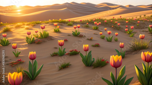 Fototapeta Naklejka Na Ścianę i Meble -  Desert landscape with blooming tulips and sand dunes at sunset