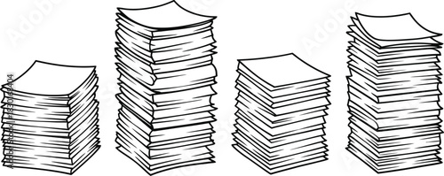 Four Stacks of Paper in a Line, Black and White Illustration