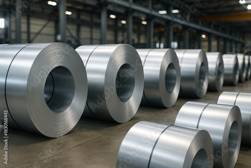 Rolls of steel aluminum or zinc sheet stacked in warehouse Industrial factory 3D illustration