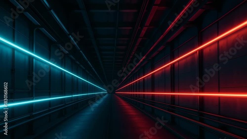 Futuristic tunnel with blue and red neon light strips on opposite walls, symmetrical cyberpunk corridor leading into dark vanishing point.
