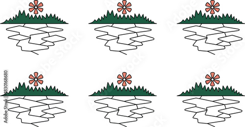 Six identical stylized natural scenes with flowers, grass, and rocky ground