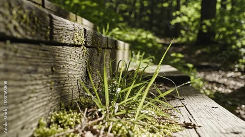 Wooden Steps in Forest with Moss and Grass Growing Nature Scene