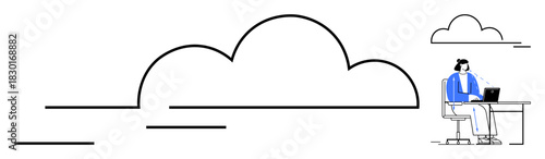 Cloud computing. Cloud symbol connected to a person working on a laptop. Cloud computing enables remote work, secure data storage, and collaboration. For business, IT, remote work, tech innovation