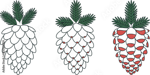 Three stylized pine cones with green needles and varying red accents