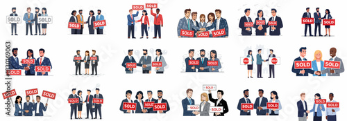 Real Estate Agents Holding Sold Signs and Shaking Hands Collection: Diverse Illustrations of Successful Property Deals and Business Closures