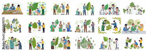 Plant Science Research and Botany Concept Illustrations: Scientists and Biologists Studying Leaves, Genetics, and Agricultural Innovation in the Laboratory.